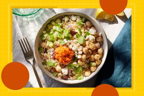 a recipe photo of the Chickpea & Quinoa Bowl with Roasted Red Pepper Sauce