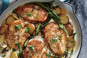 Weeknight Lemon Chicken Skillet Dinner in a skillet for serving