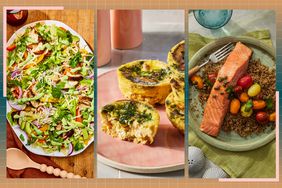 a side by side of EatingWell's Chicken Fajita Salad, Sausage, Spinach & Mushroom Egg Bites, and Sheet-Pan Salmon with Crispy Quinoa