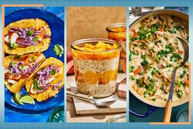 a collage featuring Cod Fish Tacos, Peach Pie Overnight Oats, and Creamy Chicken Noodle Soup with Rotisserie Chicken