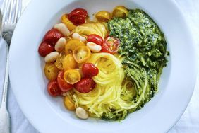 Spaghetti Squash with Roasted Tomatoes Beans & Almond Pesto