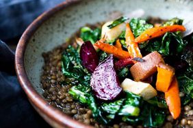 Roasted Root Veggies and Greens over Spiced Lentils
