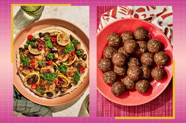 a side by side of EatingWell's Sheet-Pan Chicken Dinner and Gut-Friendly Energy Balls 