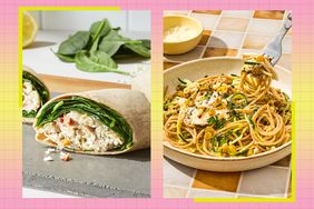 a collage featuring the Chicken, Spinach & Feta Wraps and Agrodolce Zucchini & Chicken Pasta