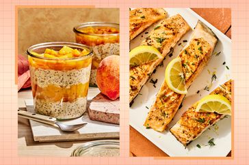 a side by side of the Peach Pie Overnight Oats and the Pan Seared Salmon