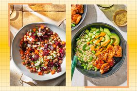 a recipe photo of the Chickpea, Beet & Feta Salad with Lemon-Garlic Vinaigrette and the Crispy Salmon Rice Bowl