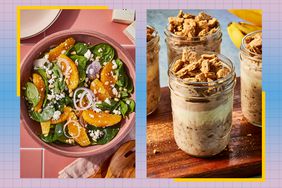 a side by side of the Simplest Spinach Salad and the Banana Cream Pie-Inspired Overnight Oats