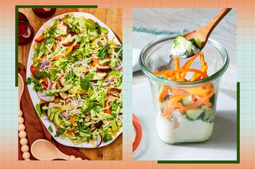 a side by side of EatingWell's Chicken Fajita Salad and Cucumber-Dill Ricotta Snack Jar