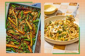 a side by side of EatingWell's Sheet-Pan Balsamic-Parmesan Roasted Chickpeas & Vegetables and Agrodolce Zucchini & Chicken Pasta