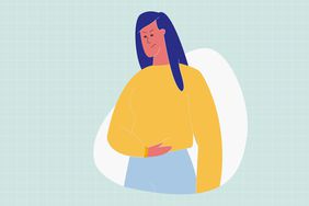 an illustration of a woman holding her sore stomach