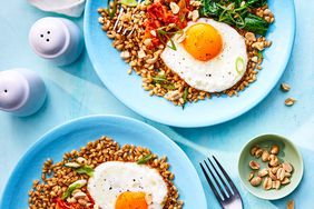 a recipe photo of the Wilted Spinach and Fried Egg Wheat Berry Bowl