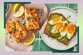 a collage featuring EatingWell's Air Fryer Salmon and Avocado Toast with Jammy Eggs