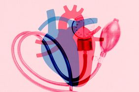 a collage of a blood pressure monitor and a heart
