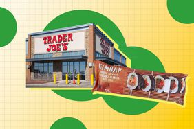 a collage of a Trader Joe's storefront and the Trader Joe's Kimbap