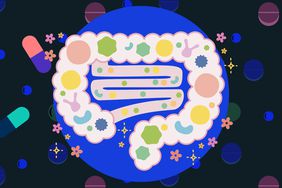 an illustration of a healthy gut with pills in the background