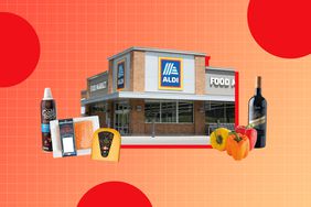 a collage of an Aldi storefront alongside Aldi products