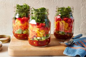 Side view photo of 3 jars of Anti-Inflammatory Eat-the-Rainbow soup before broth is added.