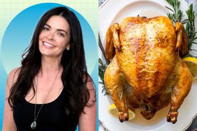 a side by side of Katie Lee Biegel and EatingWell's Crispy Roast Chicken