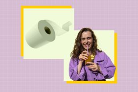 a photo of a woman drinking juice and a roll of toilet paper