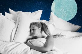 A woman laying in bed sleeping with stars and a moon made out of oil in the background