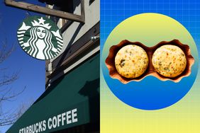  a side by side of a Starbucks storefront and their Kale and Mushroom Sous Vide Egg Bites 