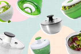 A selection of 7 salad spinners on a designed background