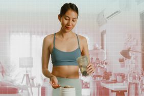 a photo of a woman dressed in workout clothes scooping protein powder into her bottle shaker