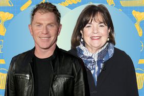 a side by side of Bobby Flay and Ina Garten with illustrations of various pasta shapes in the background