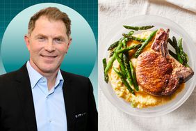a side by side of Bobby Flay and EatingWell's Cajun Skillet Pork Chops with Asparagus & Cheesy Polenta
