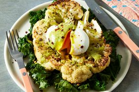a recipe photo of the Cauliflower Steaks with Poached Eggs & Pesto Hollandaise 