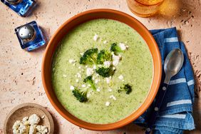 Overhead photo of a bowl of Broccoli Feta Soup. 