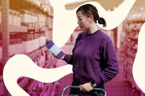 a photo of a woman reading the label on a box of food