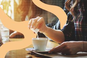 a photo of a woman pouring calorie-free sweetener into a coffee drink