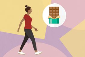 an illustration of a woman walking with a bar of chocolate