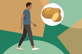 an illustration of a man walking with a potato in a thought bubble