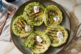 a recipe photo of the Charred Cabbage Steaks with Pesto & Burrata