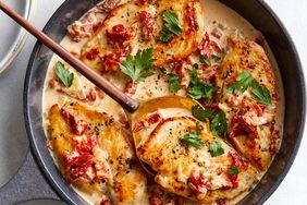 overhead image of Chicken Cutlets with Sun-Dried Tomato Cream Sauce