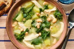 Overhead view of a bowl of Chicken & Kale Soup recipe