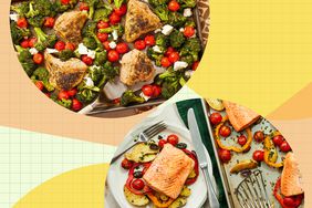 a collage featuring the Sheet-Pan Lemon-Pepper Chicken with Broccoli & Tomatoes and the Sheet-Pan Roasted Salmon & Vegetables