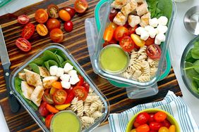 chicken caprese pasta salad in glass food storage container