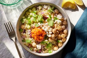 Overhead view of a bowl of Chickpea & Quinoa Bowl with Roasted Red Pepper Sauce recipe