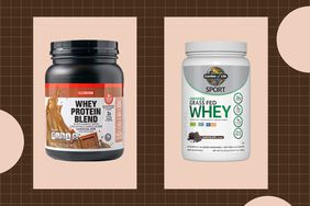 a collage featuring the Elevation Whey Portein Blend and the Garden of Life Whey Protein powder, both in the flavor chocolate