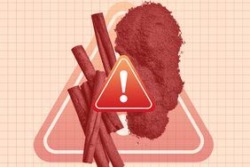 a collage featuring cinnamon sticks and ground cinnamon and an exclamation "warning" symbol