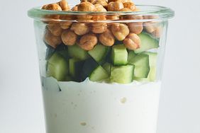 Side view of a clear glass jar of Cottage Cheese Snack Jar recipe
