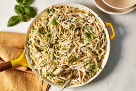 a recipe photo of the Creamy Chicken Pasta with Brussels Sprouts & Artichokes