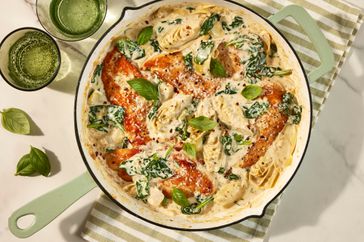 an overhead image of the Creamy Spinach and Artichoke Chicken Skillet