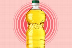 a. photo of a bottle of seed oil with an illustration of red rings indicting inflammation