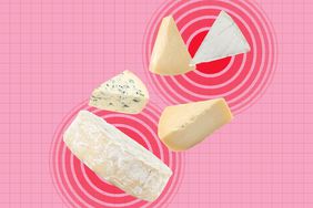 a collage featuring various types of cheese with inflammation red circles behind it
