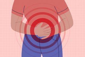 an illustration of someone holding their stomach with an icon depicting inflammation