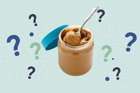 a collage of a jar of peanut butter with question marks around it